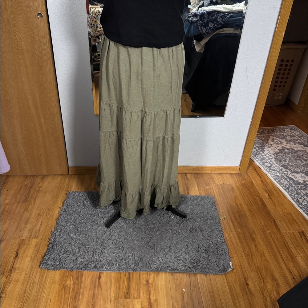 Olive Green Linen Tiered Maxi Skirt